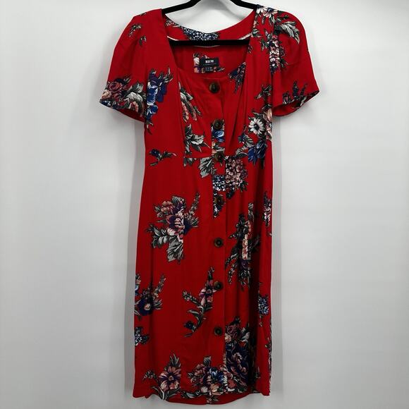 Maeve Dress Womens 2 Red Floral Full Button Caldwell Square Neck Puff Sleeve - Picture 1 of 13